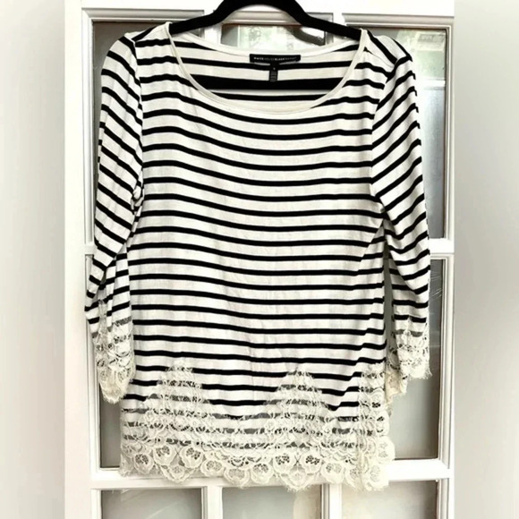 White House Black Market | Black & White Stripe Lace Hem Blouse Size S Small - Picture 10 of 13